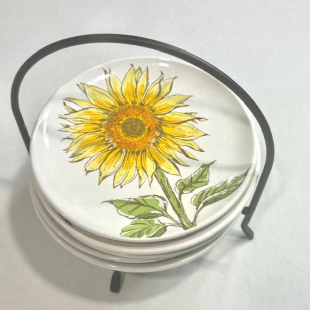 Signature Hoursewares Stoneware Plate Set of 6 W/ Metal Caddy Sunflower Design - Picture 4 of 14